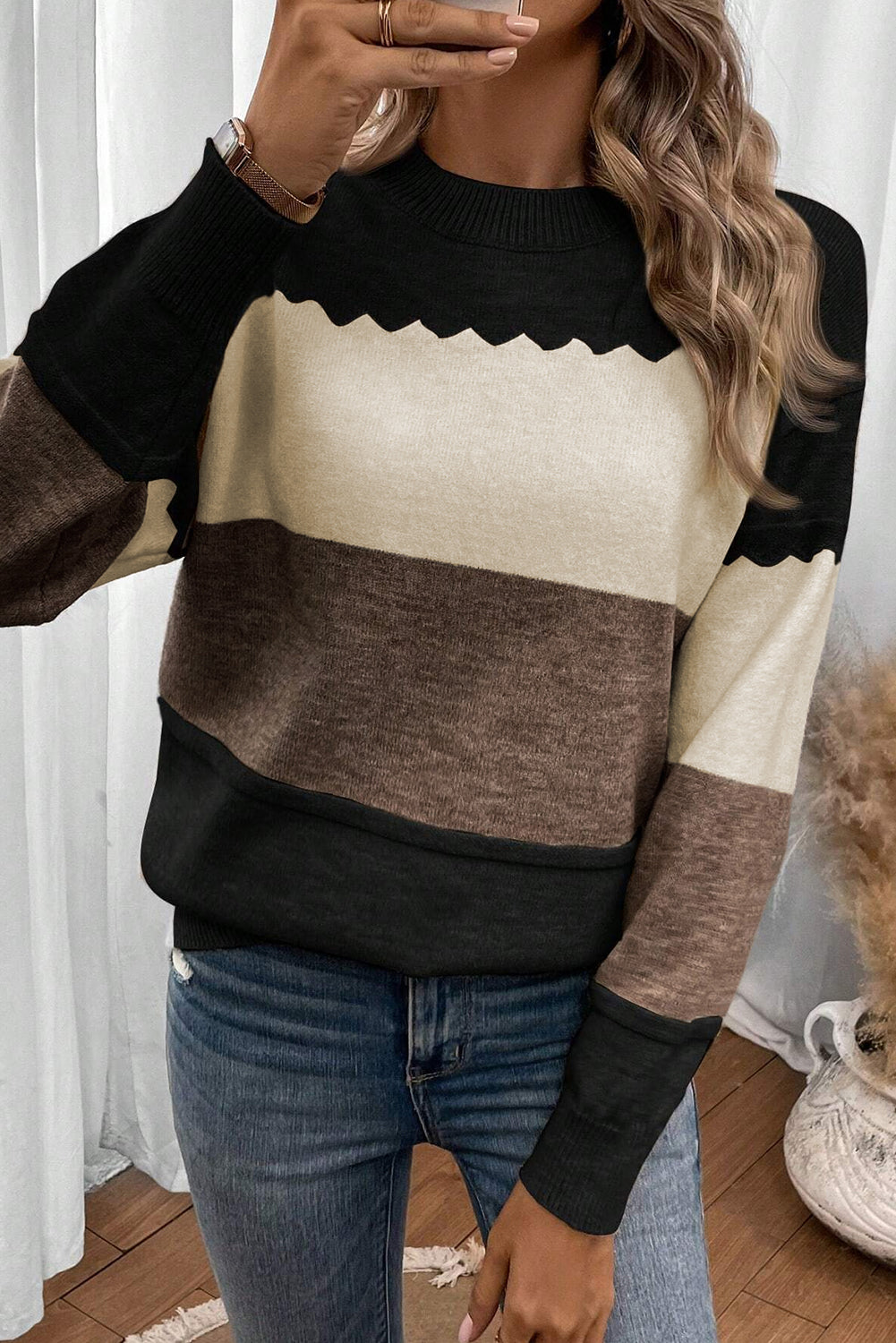 Colorblock Crew Neck Drop Shoulder Sweater