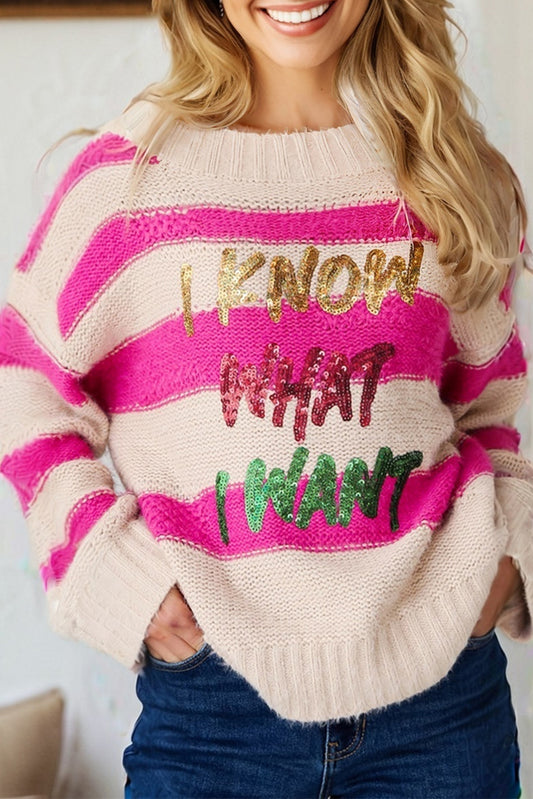 I KNOW WAHT I WAT Sequin Letter Graphic Colorblock Loose Sweater