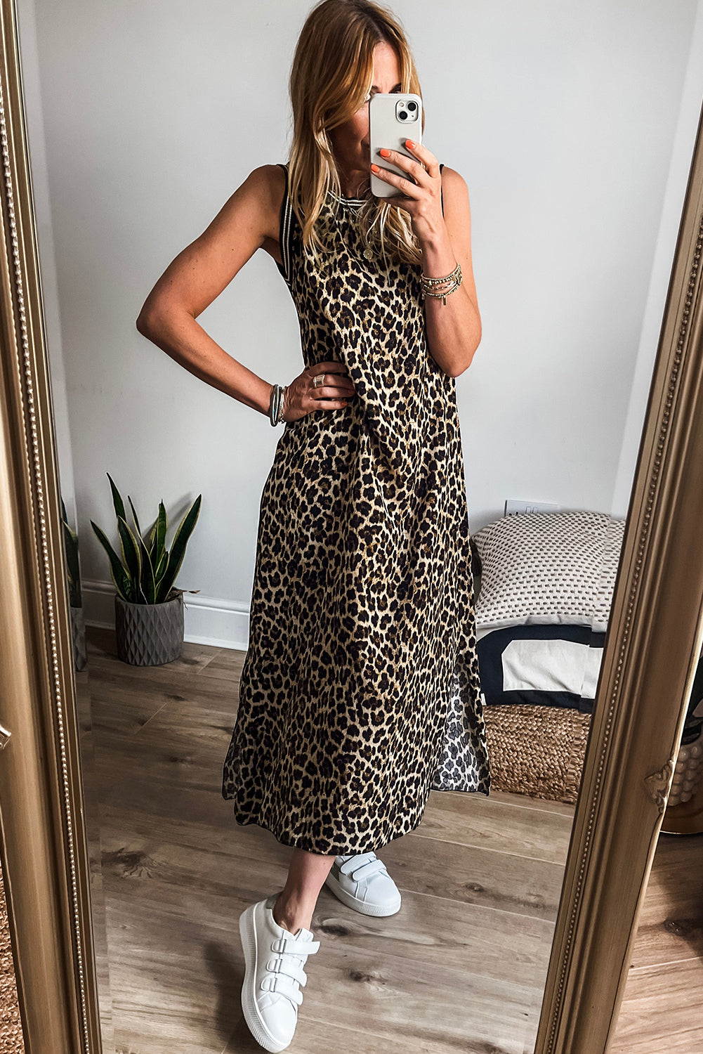 Contrast Striped Trim Leopard Sleeveless Maxi Dress