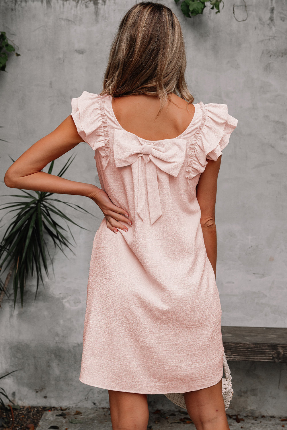 Textured Flutter Sleeve Square Neck Bow Back Mini Dress