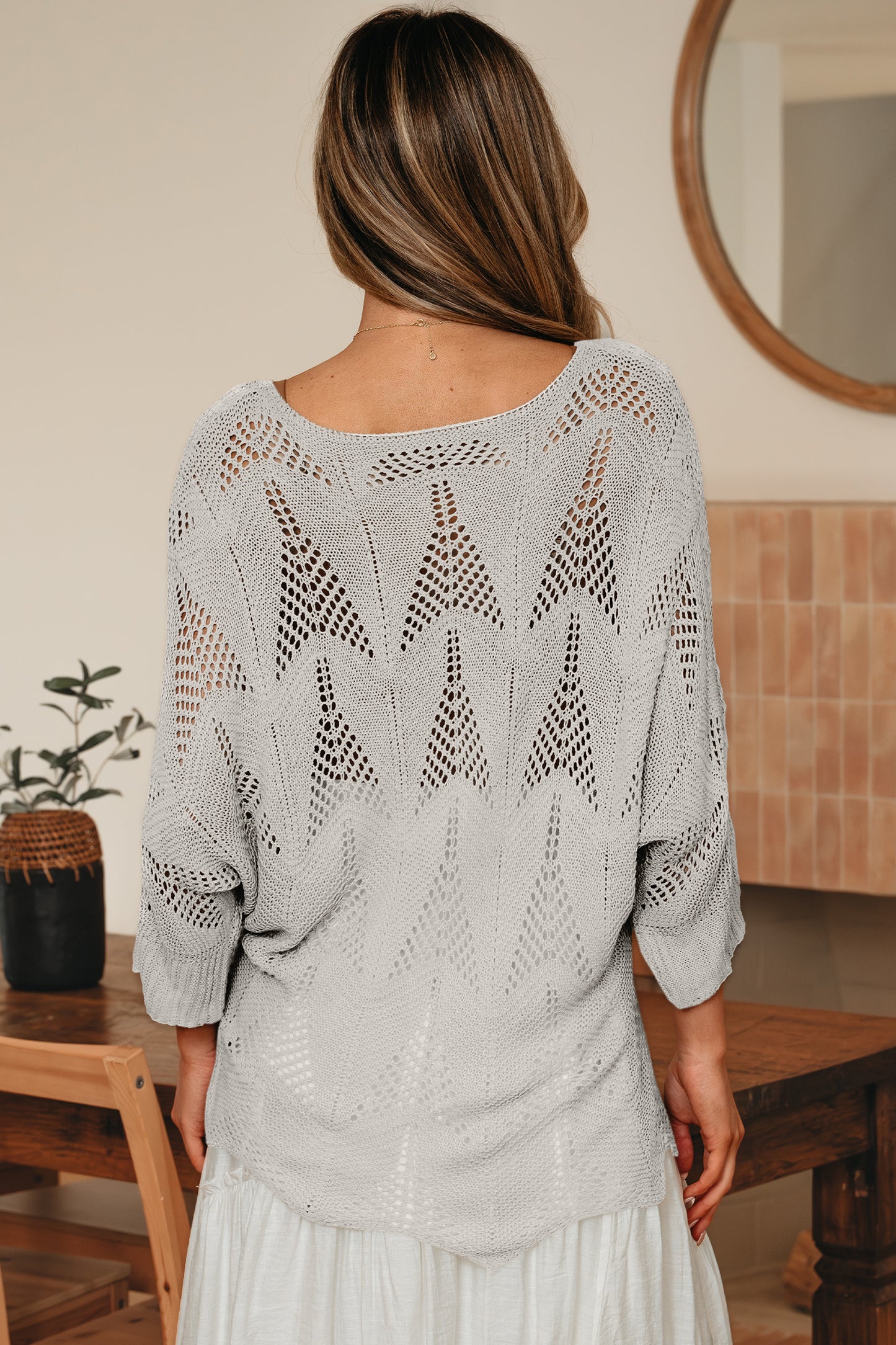 Hollow Out Knit 7/8 Sleeve Casual Sweater