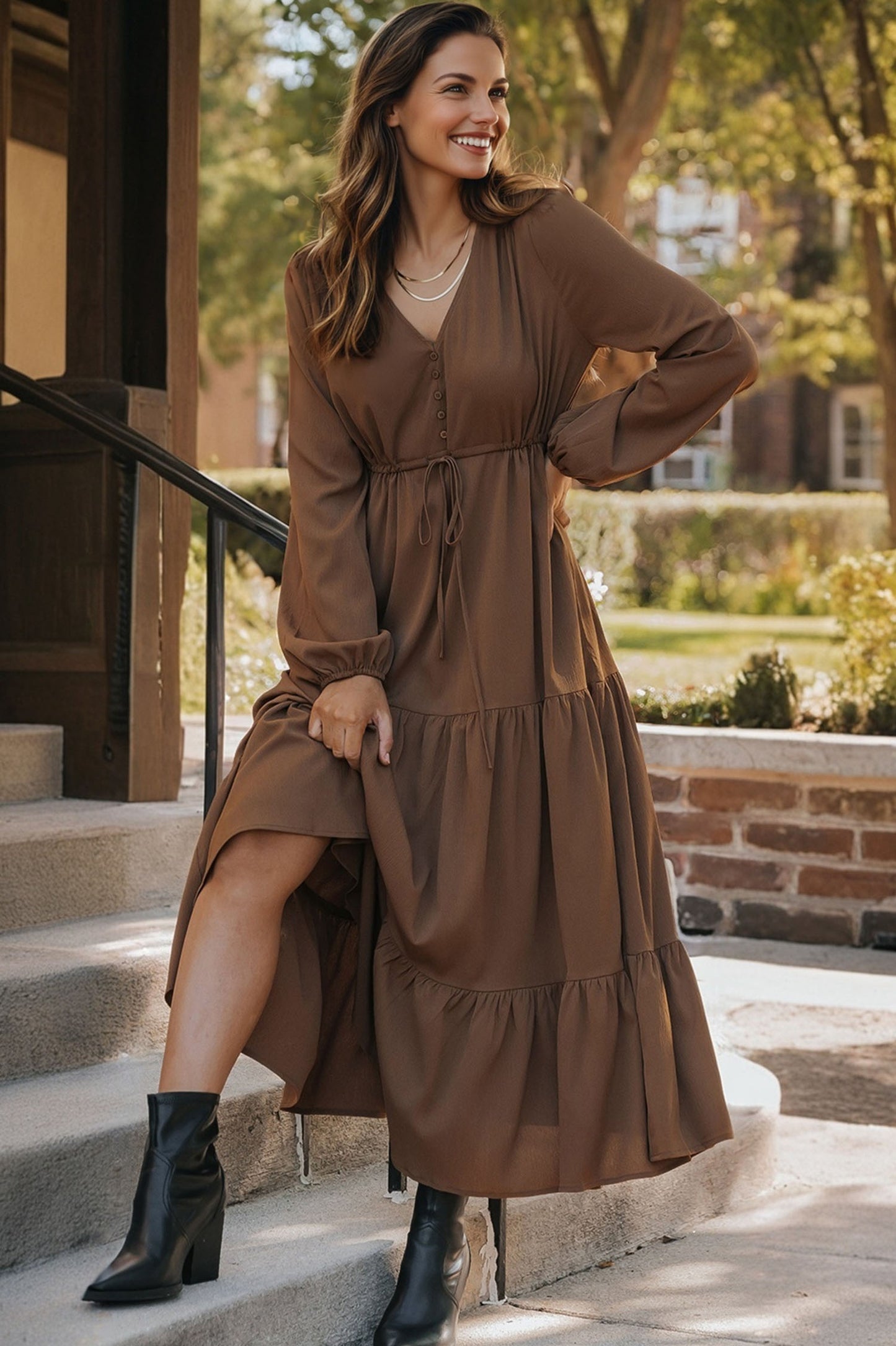 Solid Long Sleeve Button V Neck Tiered Maxi Dress