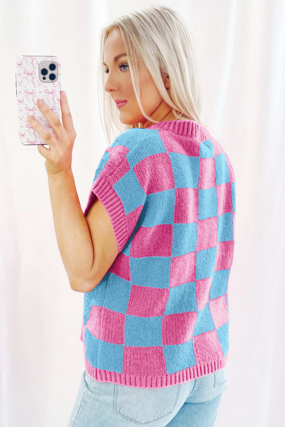 Colorblock Plaid Pattern Ribbed Trim Sweater Tank Top