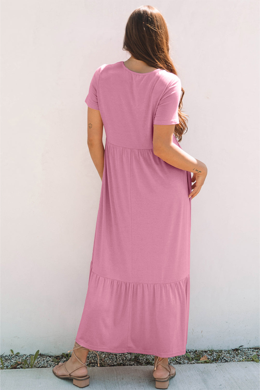 Solid Color T-shirt High Waist Pocketed Long Dress