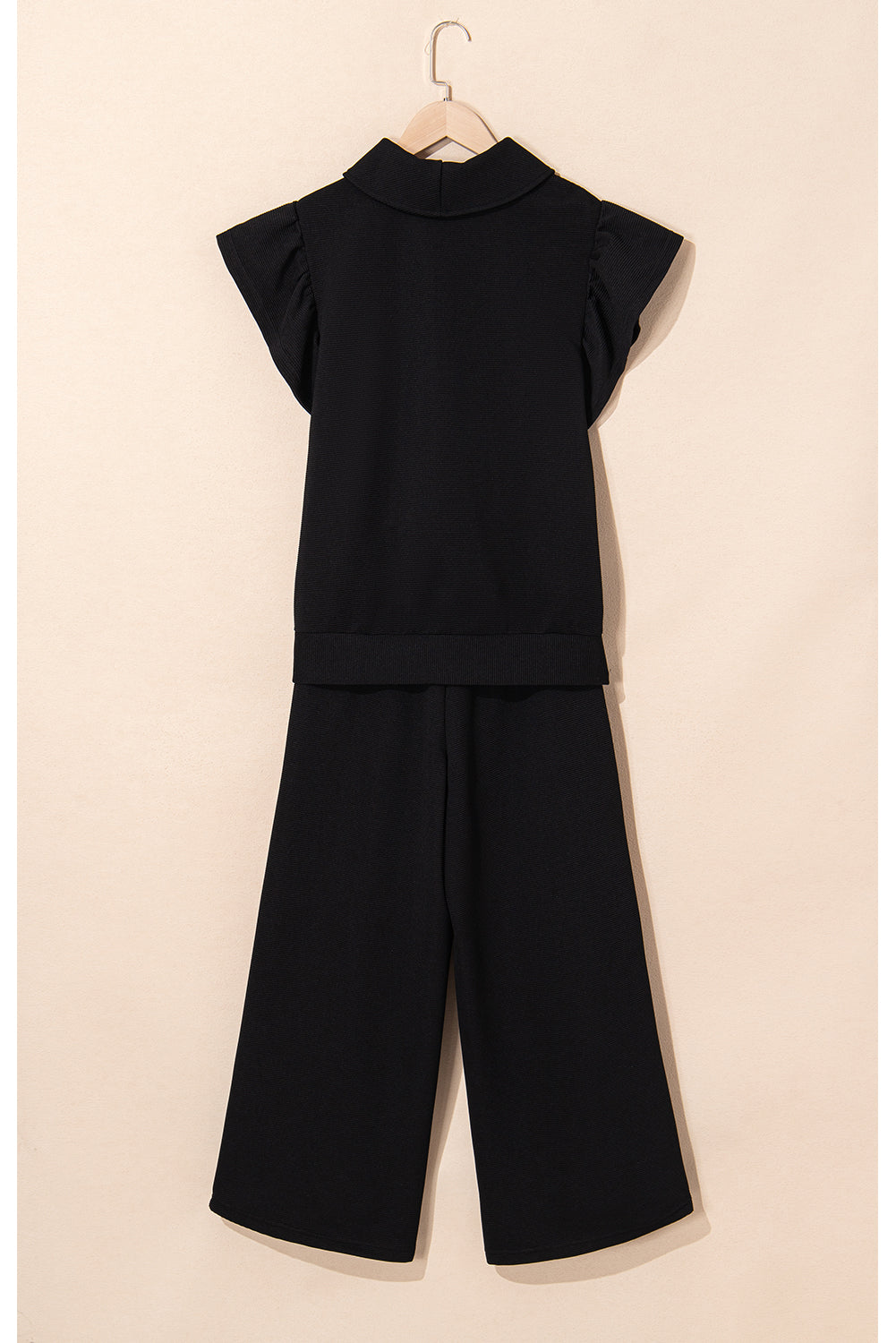 Textured Ruffled Sleeve Zipped Top and Wide Leg Pants Set