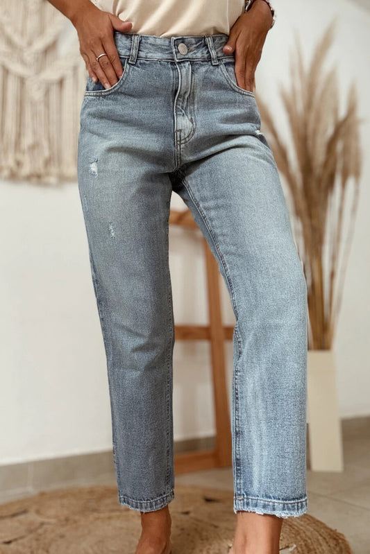 Slightly Distressed Ankle-length Straight Jeans