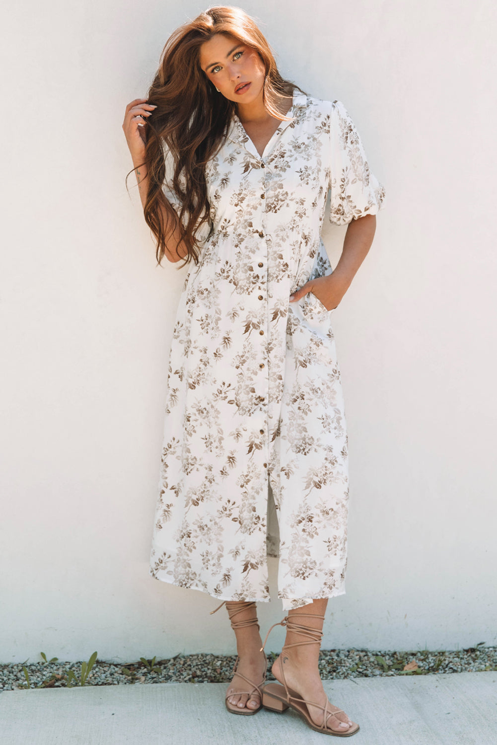 Floral Puff Sleeve V Neck Buttoned Front Maxi Dress