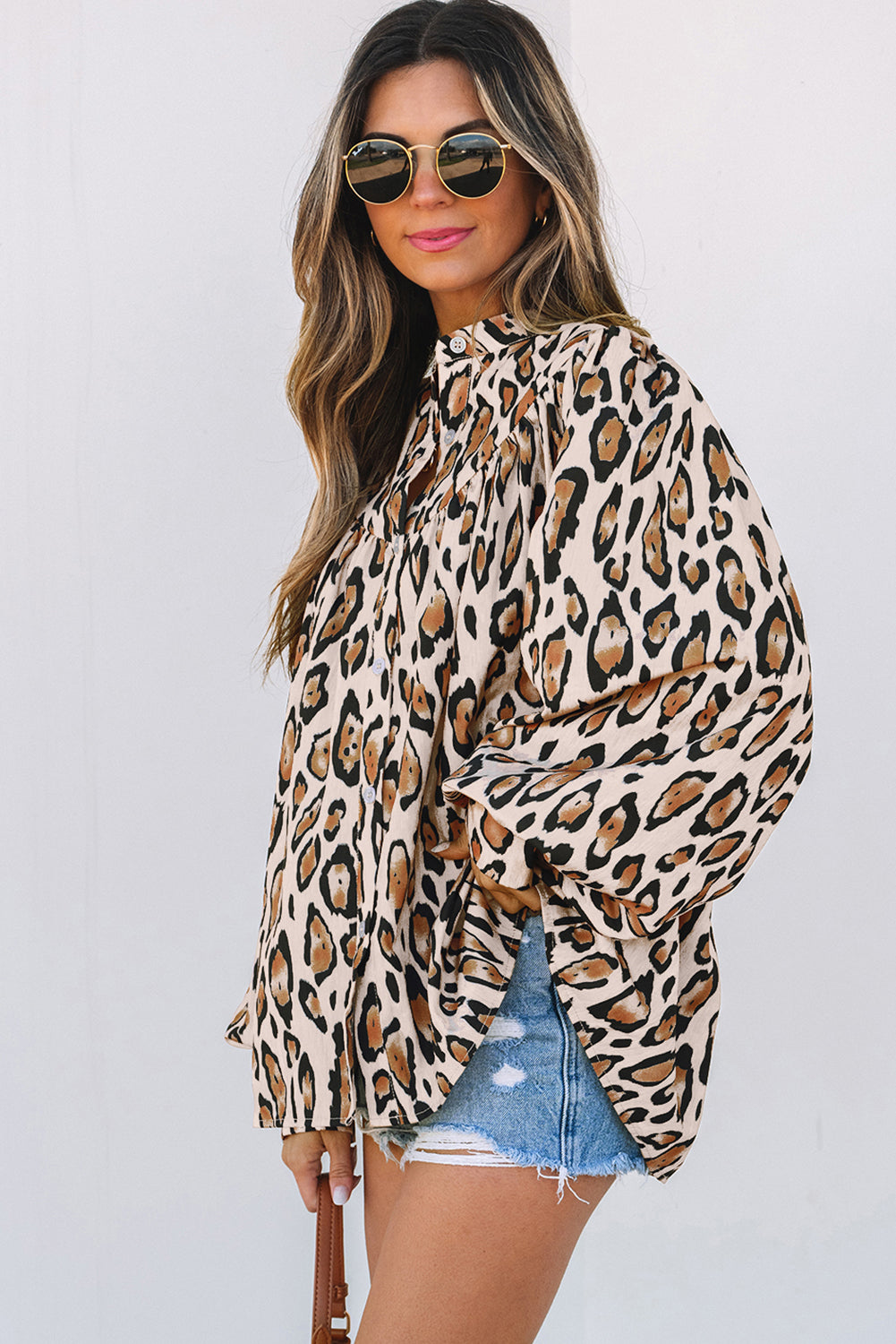 Oversized Leopard Print Balloon Sleeve Casual Shirt