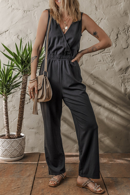 Wrap V Neck Sleeveless High Waist Jumpsuit