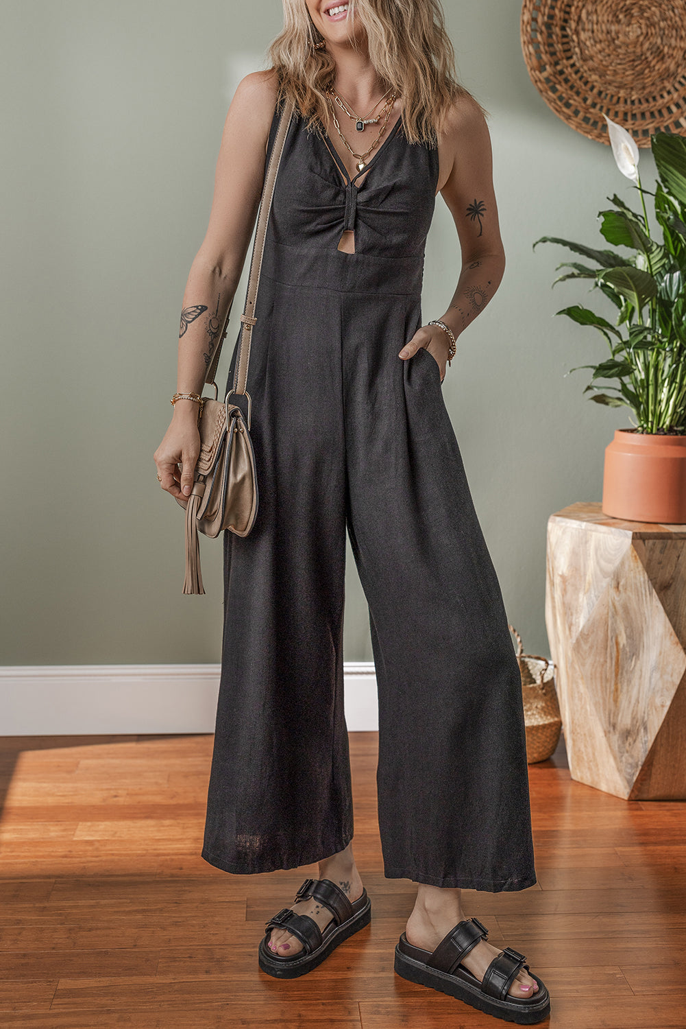 Front Cut Out Smocked Back Sleeveless Wide Leg Jumpsuit