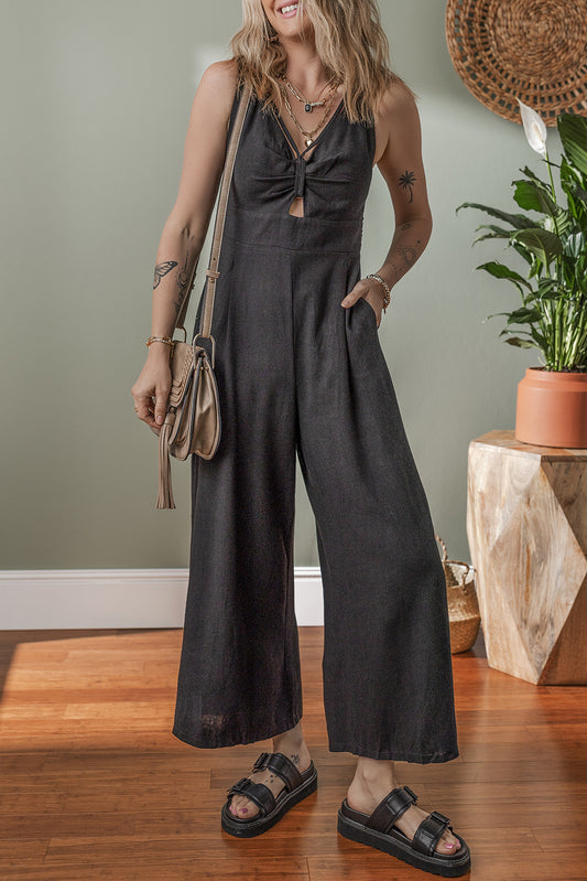 Front Cut Out Smocked Back Sleeveless Wide Leg Jumpsuit