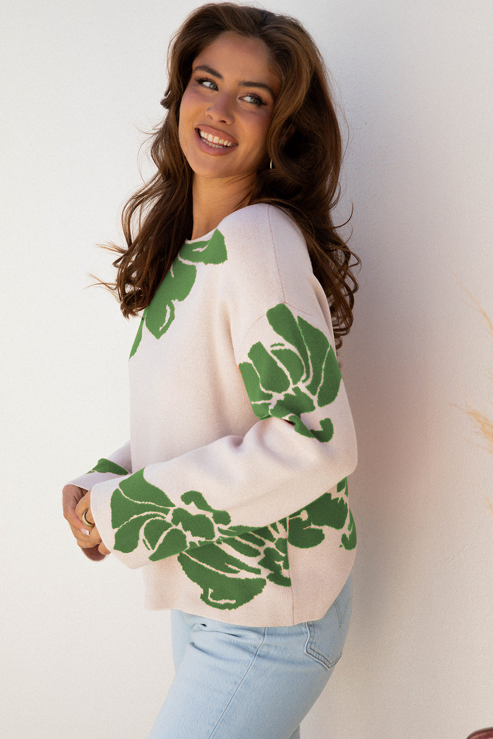 Bold Flower Pattern Wide Sleeve Baggy Sweater