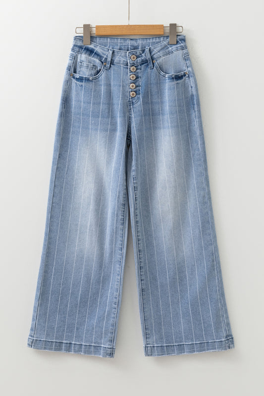 Multi Buttons Pinstripe Wide Leg Jeans