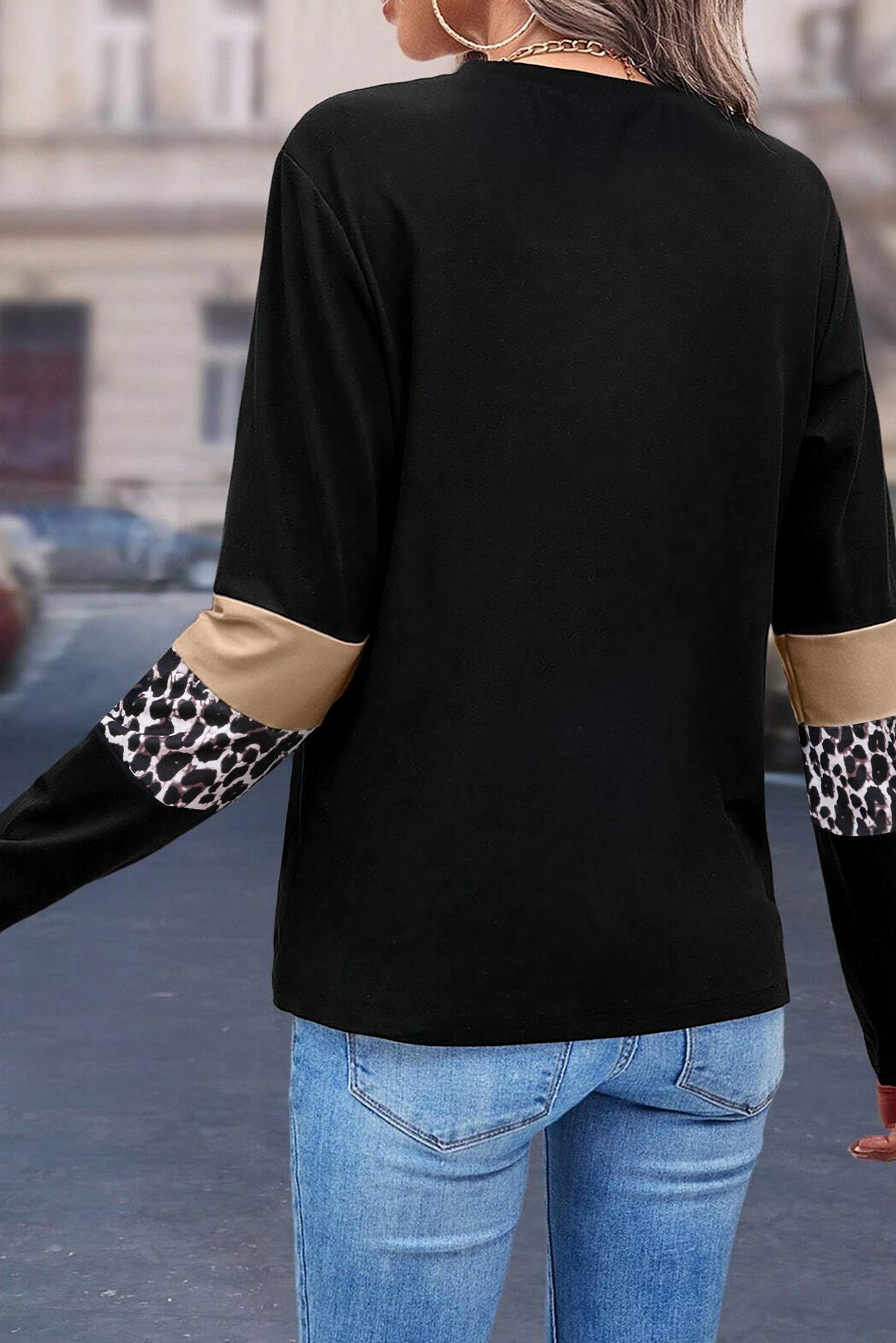 Leopard Colorblock Patchwork Crew Neck Long Sleeve Tee