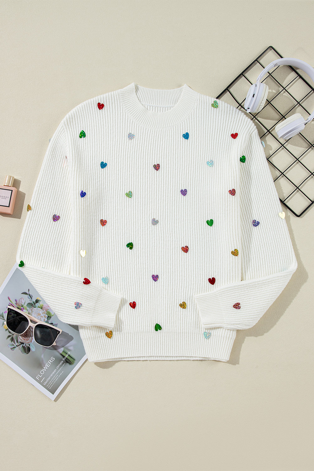 Sequin Heart Shape Waffle Knit Round Neck Sweater