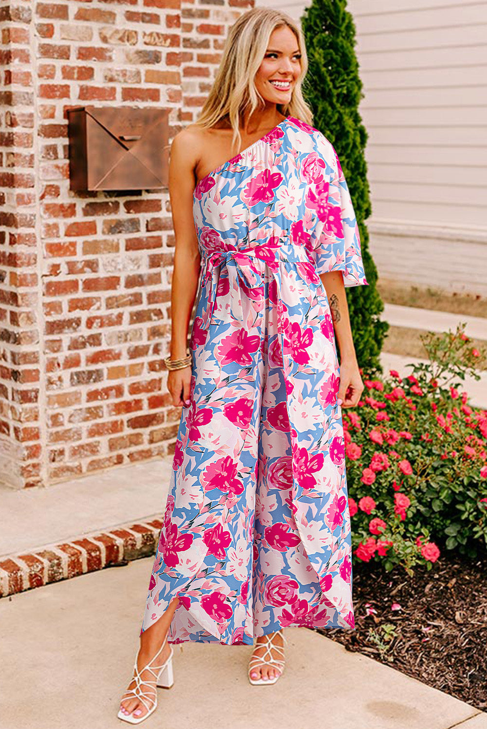 Floral Print Asymmetrical Neckline Single Shoulder Drape Sleeve Belted Jumpsuit