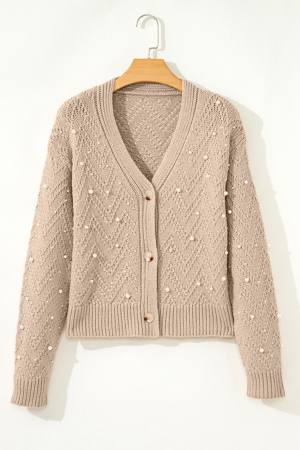 Pearl Embellished Button Front V Neck Sweater Cardigan