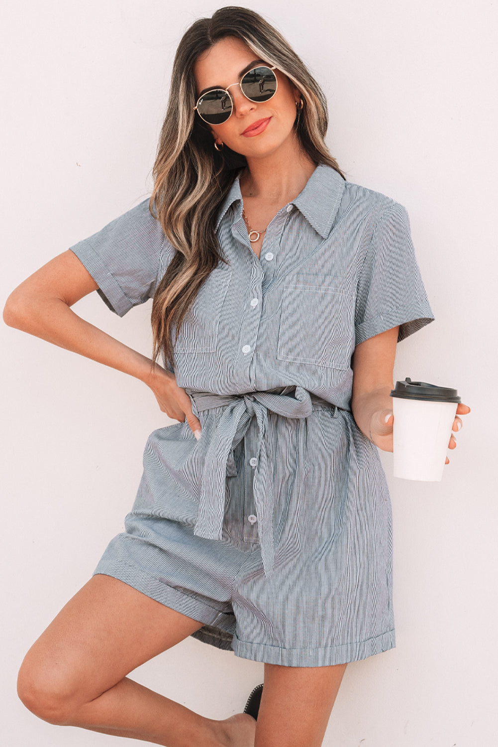 Stripe Chest Pockets Buttoned Belted High Waist Romper