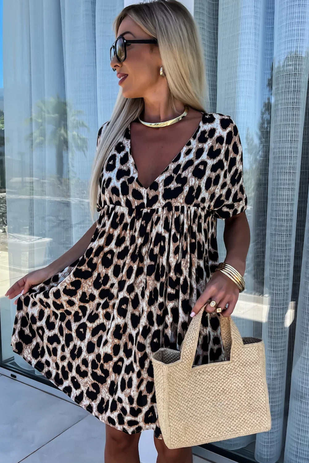 Cheetah Print Backless V Neck Loose Fit Mini Dress