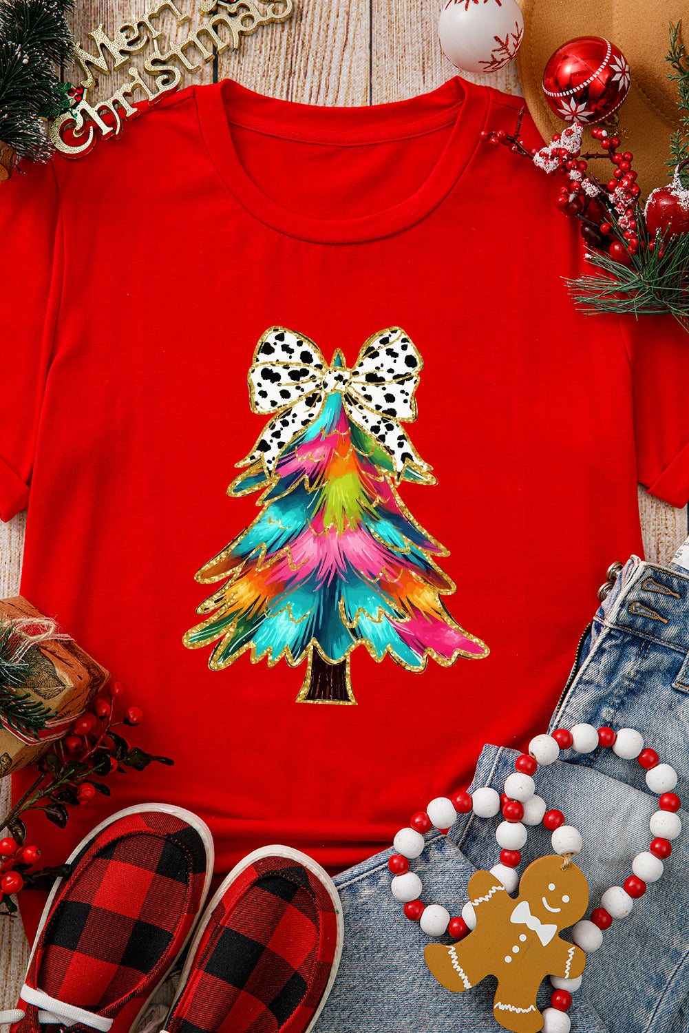 Bow Decor Christmas Tree Graphic Holiday T Shirt