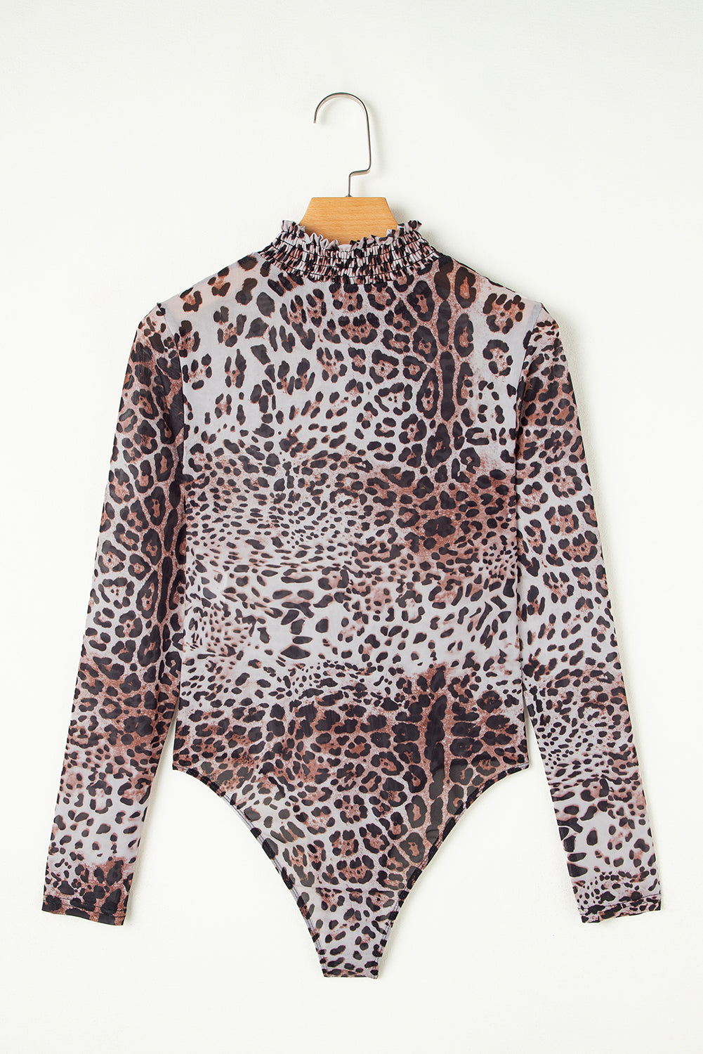 Leopard Smocked Neck Mesh Long Sleeve Bodysuit