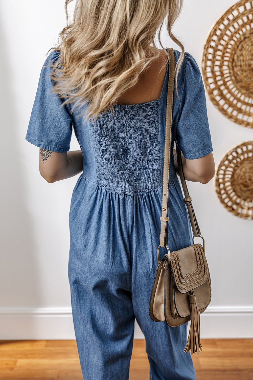 V Neck Short Sleeve Smocked Back Denim Loose Jumpsuit