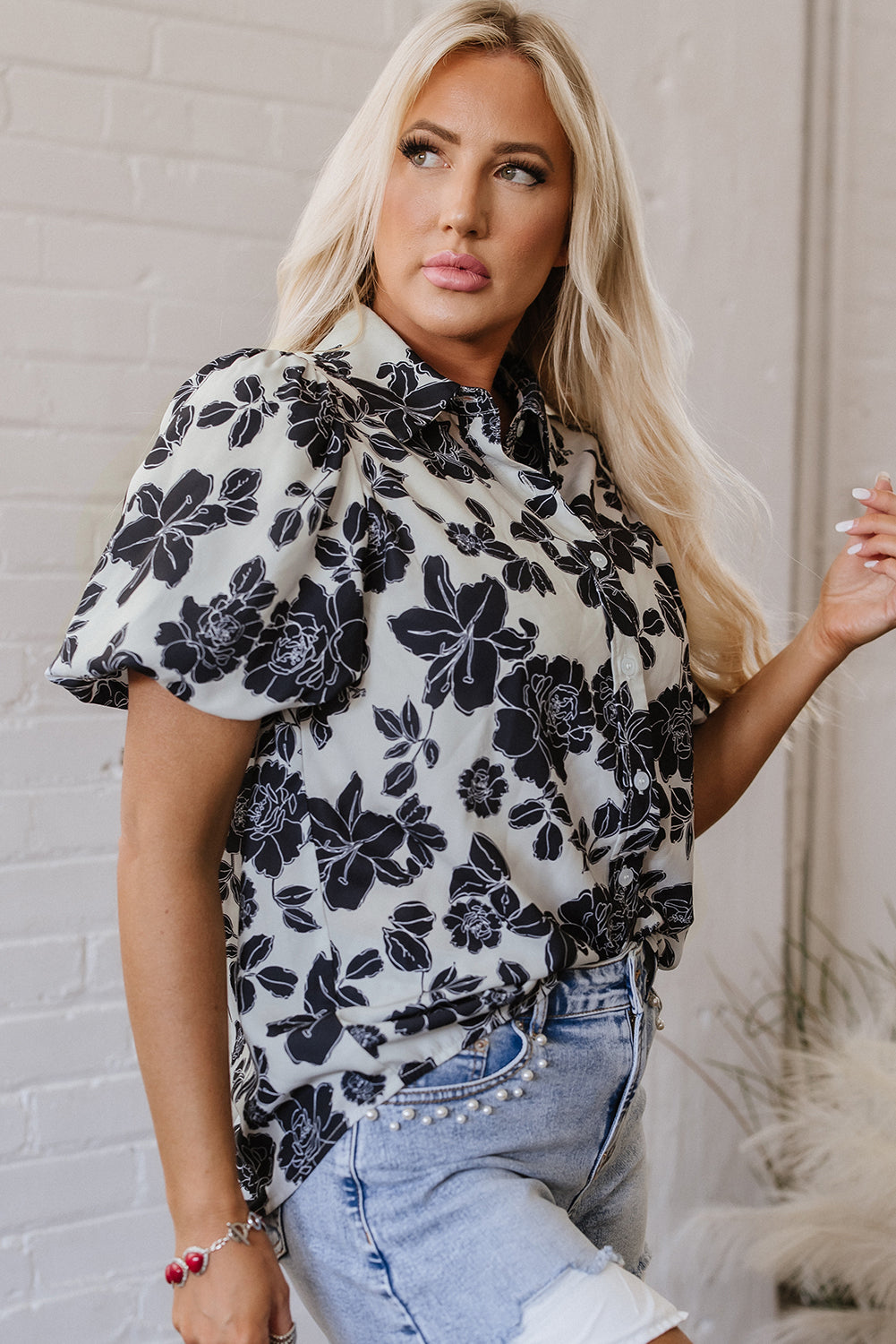 Floral Bubble Sleeve Casual Shirt