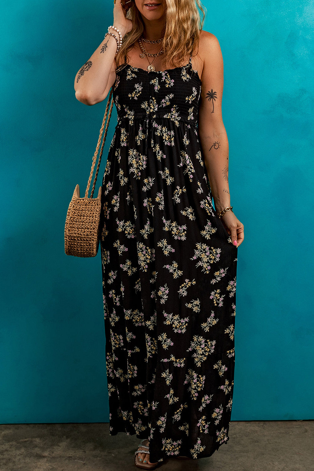 Floral Spaghetti Strap Shirred Bodice Tied Empire Waist Maxi Dress