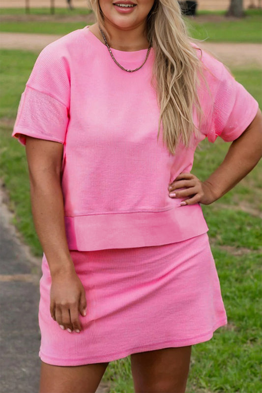 Ribbed Drop Shoulder Tee and Skort Plus Size Set