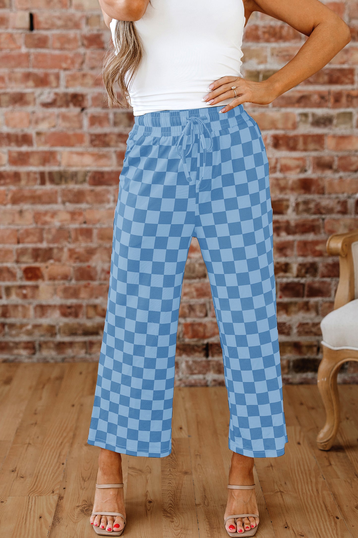 Checkered Elastic High Waist Loose Casual Pants
