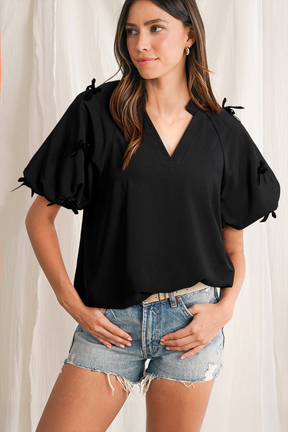 Bow Decor Puff Sleeve Split Neck Blouse