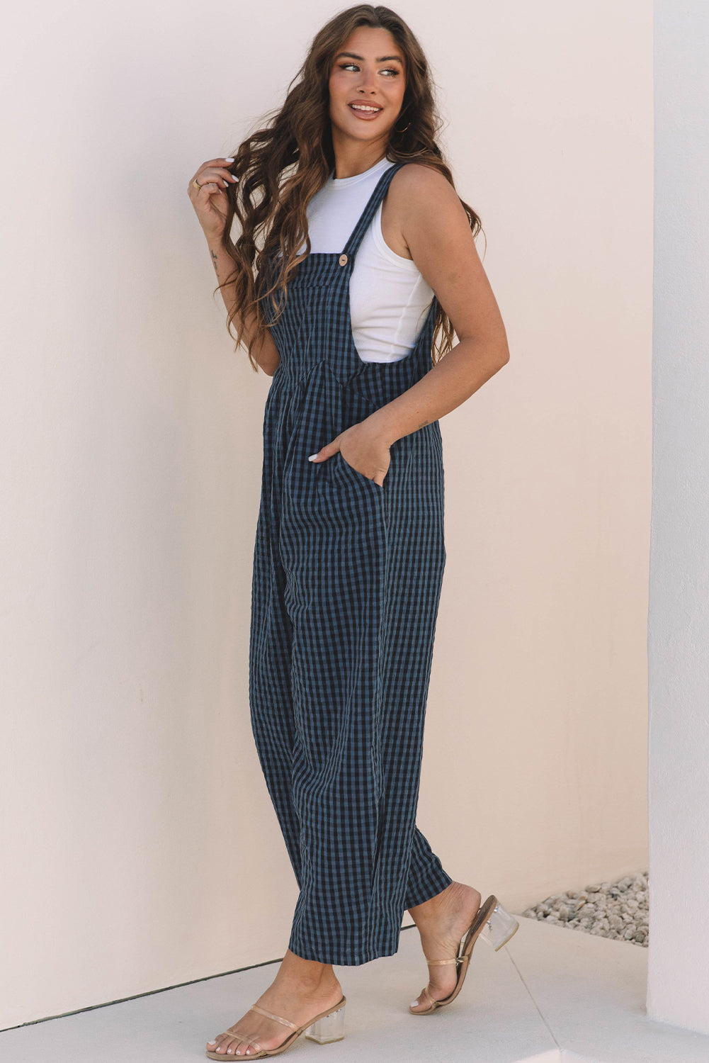 Plaid Print Buttoned Pocketed High Waist Overall