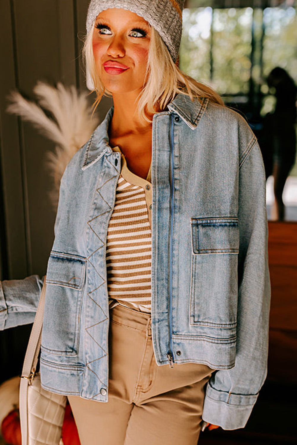 Street Style Zip Up Washed Denim Jacket
