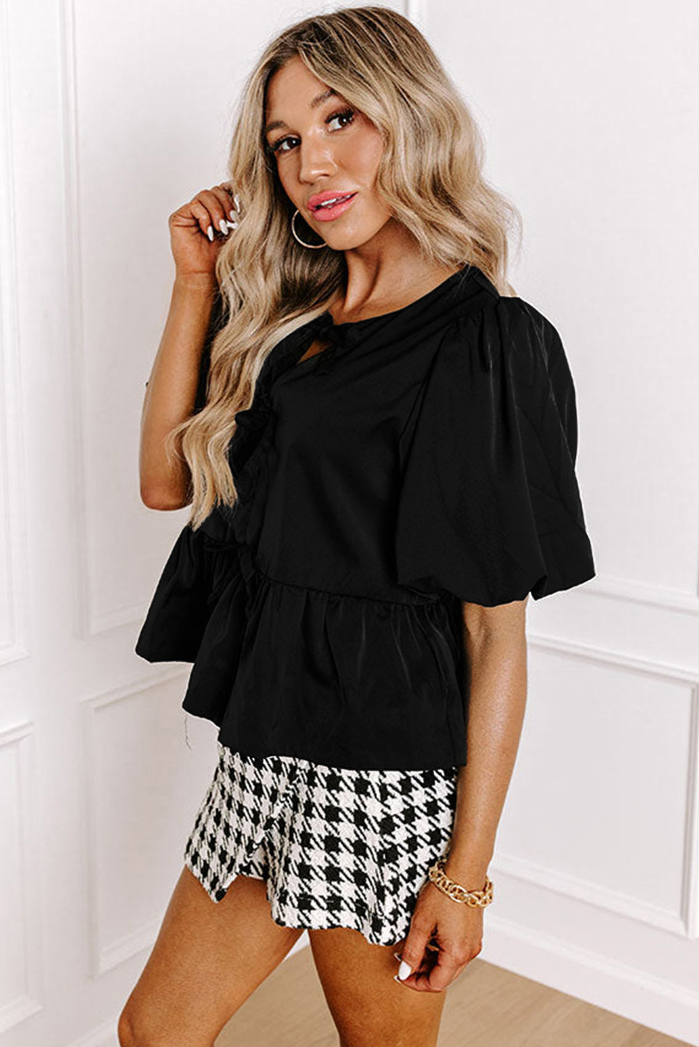 Puff Sleeve Bowknot Front Peplum Blouse