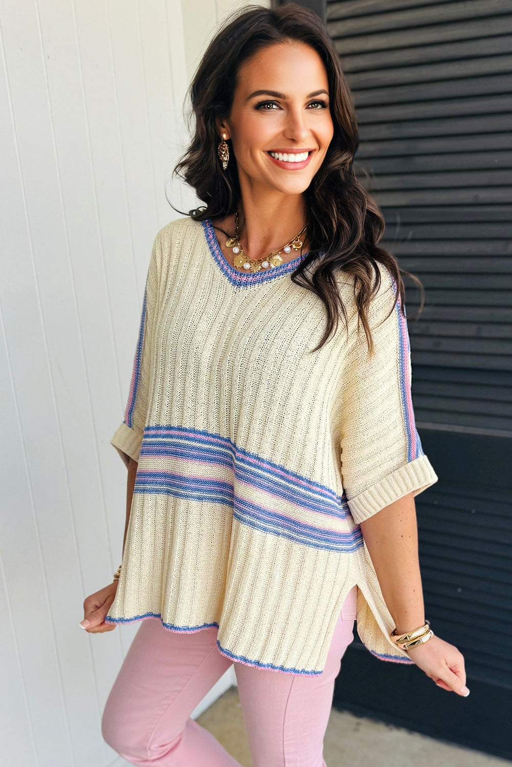 Striped V Neck Dolman Sleeve Rib Knit Oversized Sweater with Slits