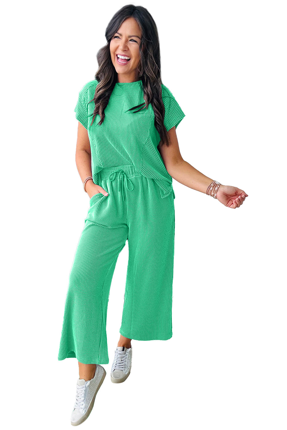 Solid Corded Knit Short Sleeve T Shirt and Wide Leg Pants Set