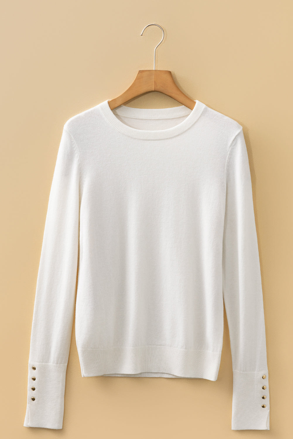 Button Split Cuffs Round Neck Slim Sweater