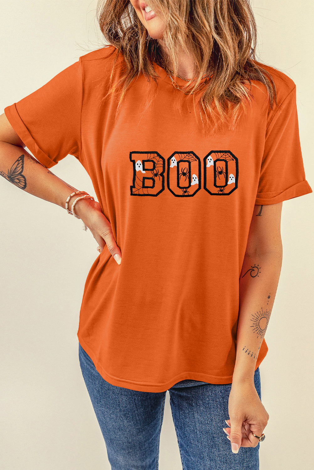 BOO Halloween Ghost Spider Embroidered Graphic Tee