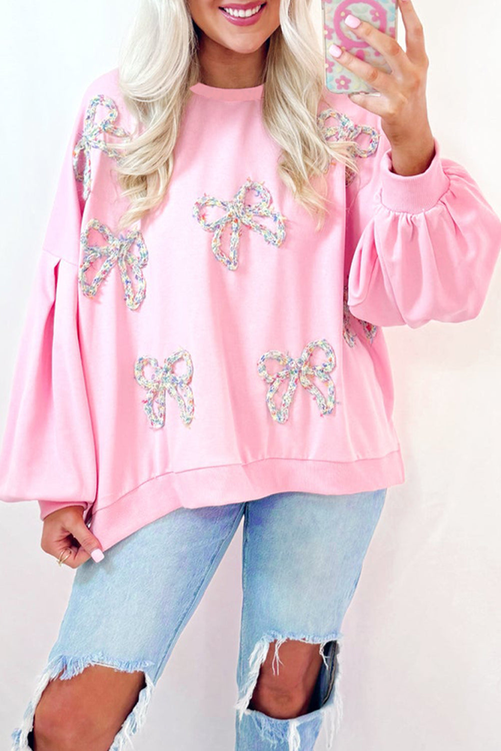 Embroidered Bow Lantern Sleeve Oversized Pullover Sweatshirt