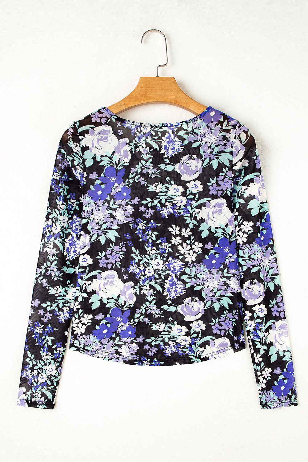 Floral Print Mesh Fitted Long Sleeve Top