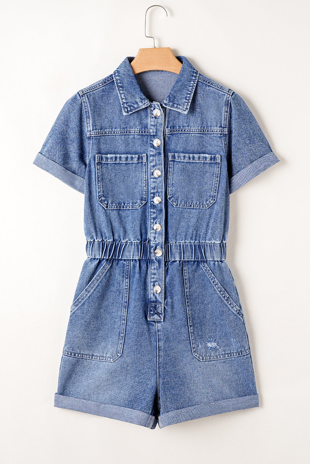 Chest Pocket Front Buttoned Folded Edge Denim Short Sleeve Romper