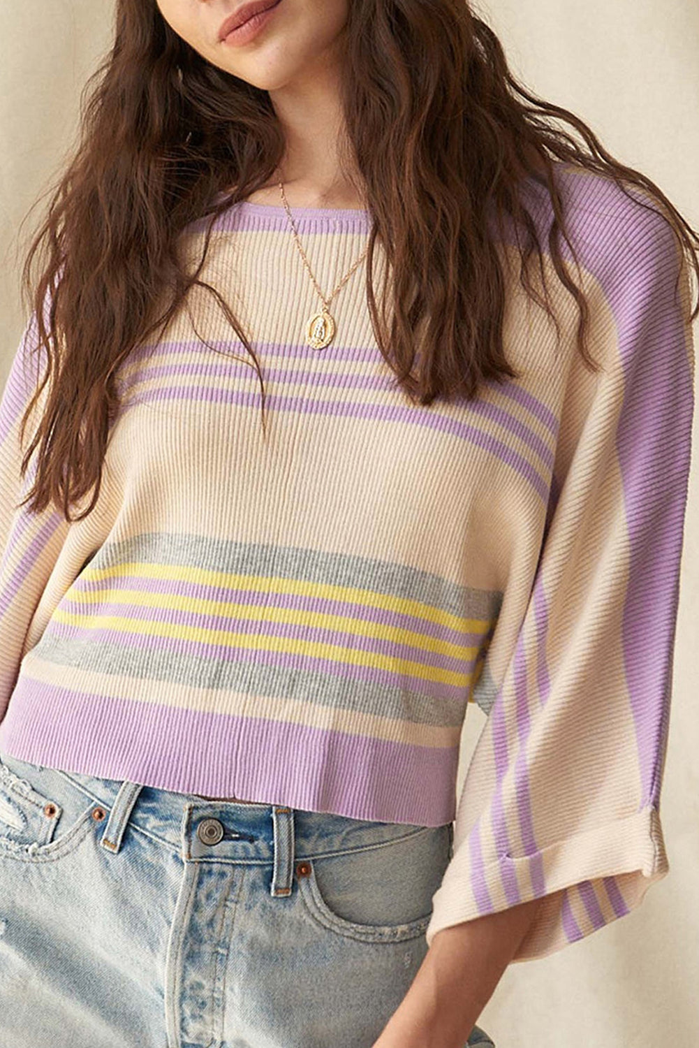 Borderline Rib Knit Cuffed Dolman Sleeve Sweater