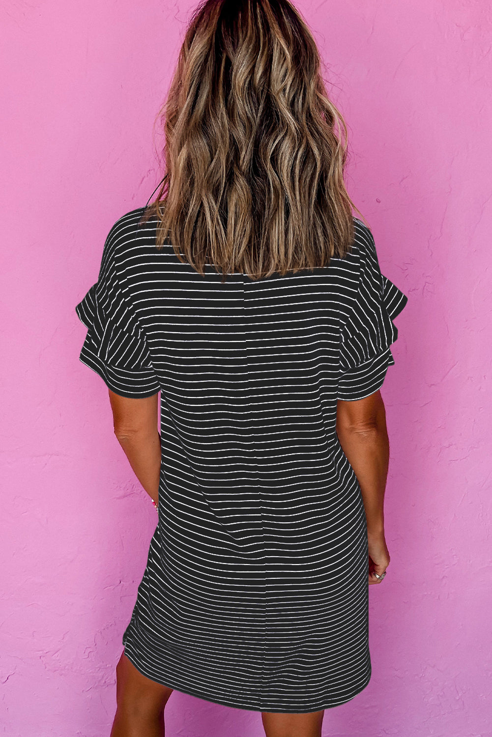 Ruffled Short Sleeve Crew Neck T Shirt Shift Mini Dress