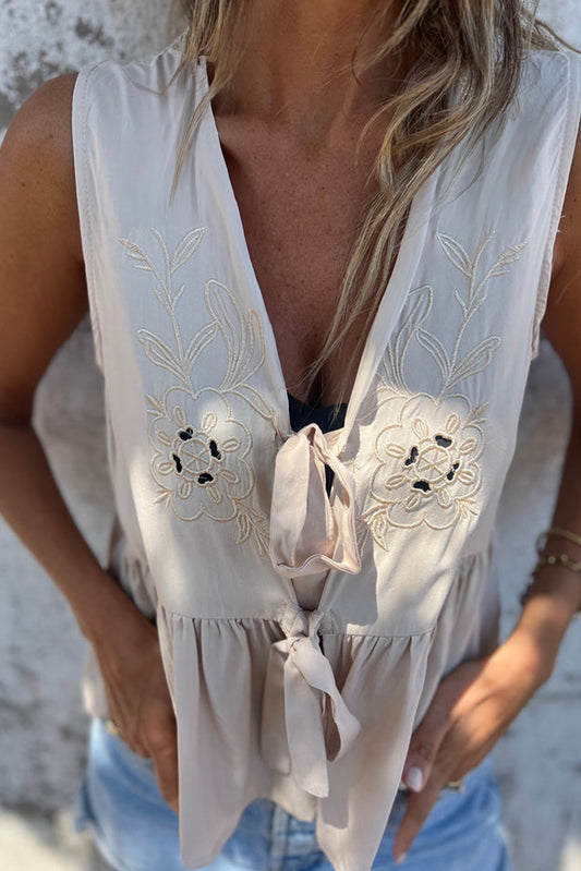 Hollow Out Embroidered Flower Knot Front V Neck Tank Top