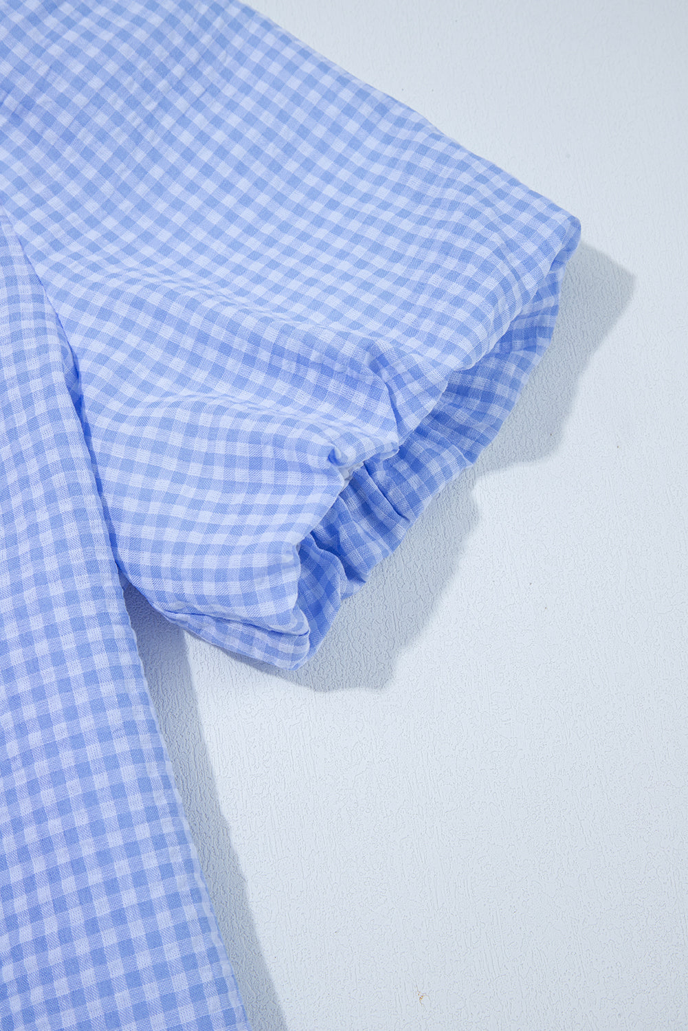 Gingham Short Puff Sleeve Button Up Shirt