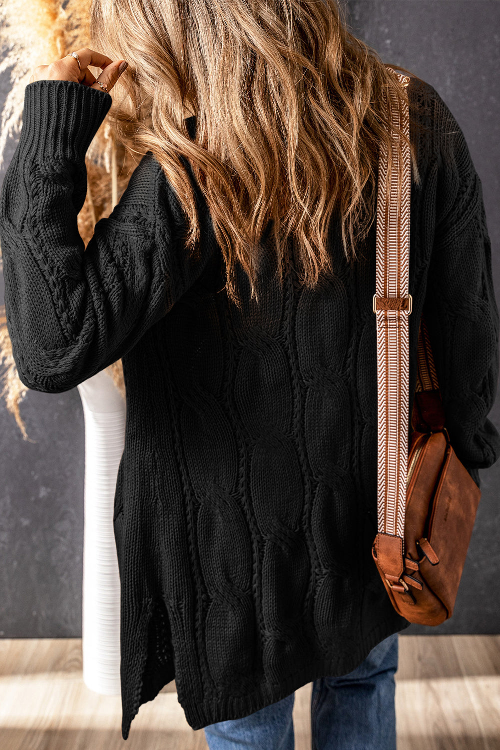 Ribbed Trim Eyelet Cable Knit Cardigan