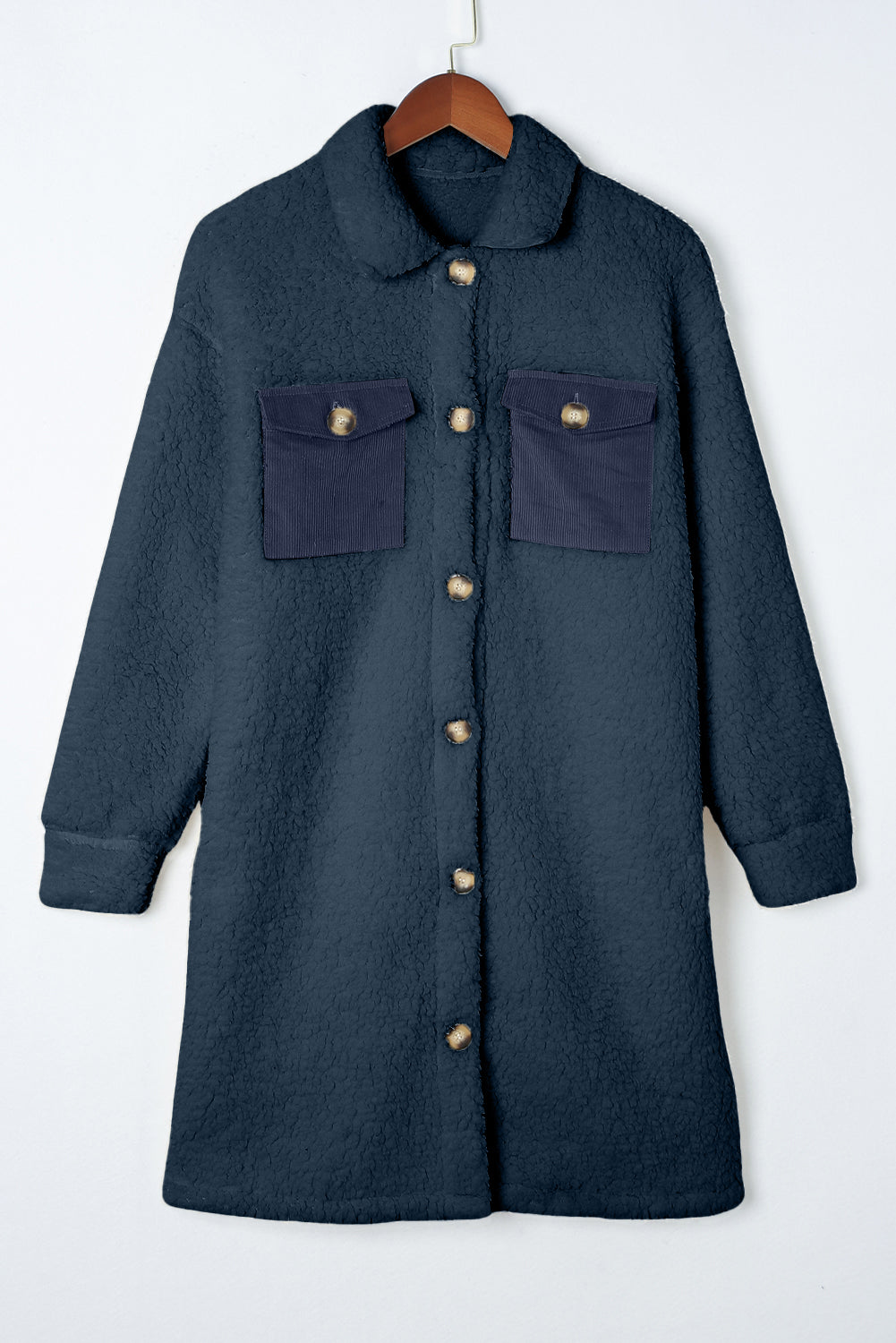 Contrast Flap Pocket Single Breasted Teddy Coat