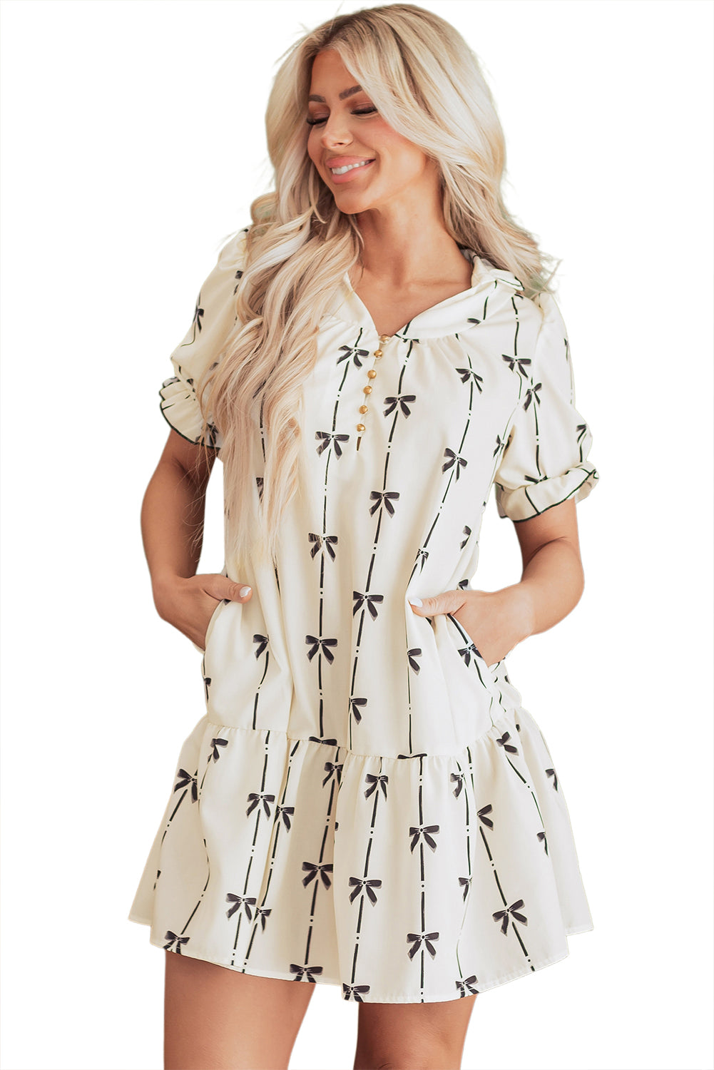 Cute Bowknot Printed Bubble Sleeve V Neck Mini Dress