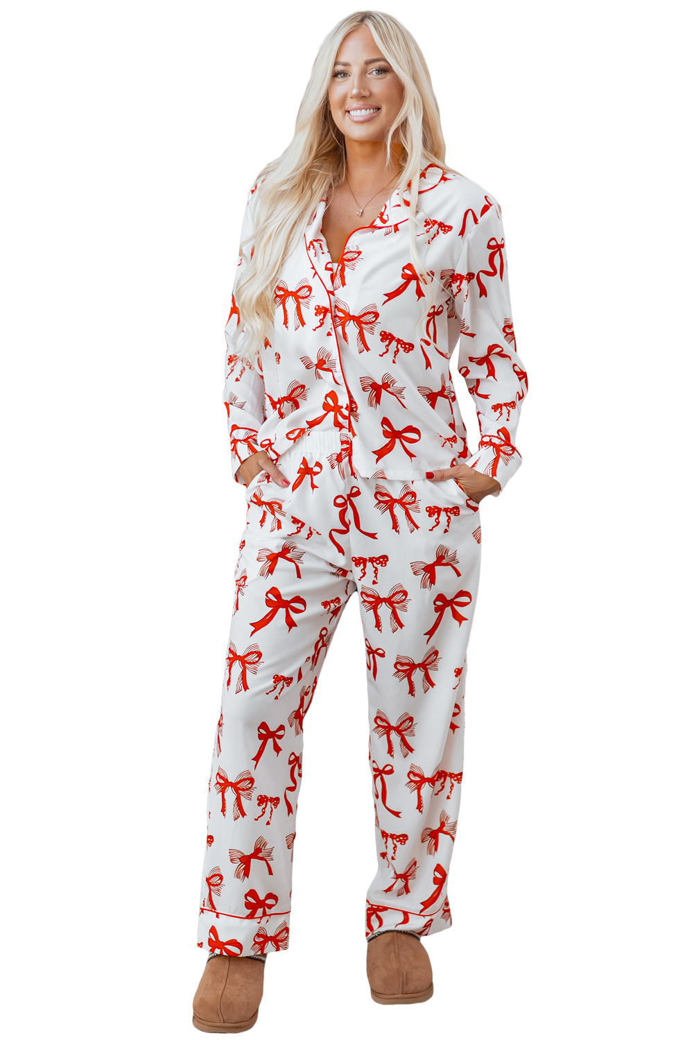 Christmas Bow Print Long 2pcs Pajama Set