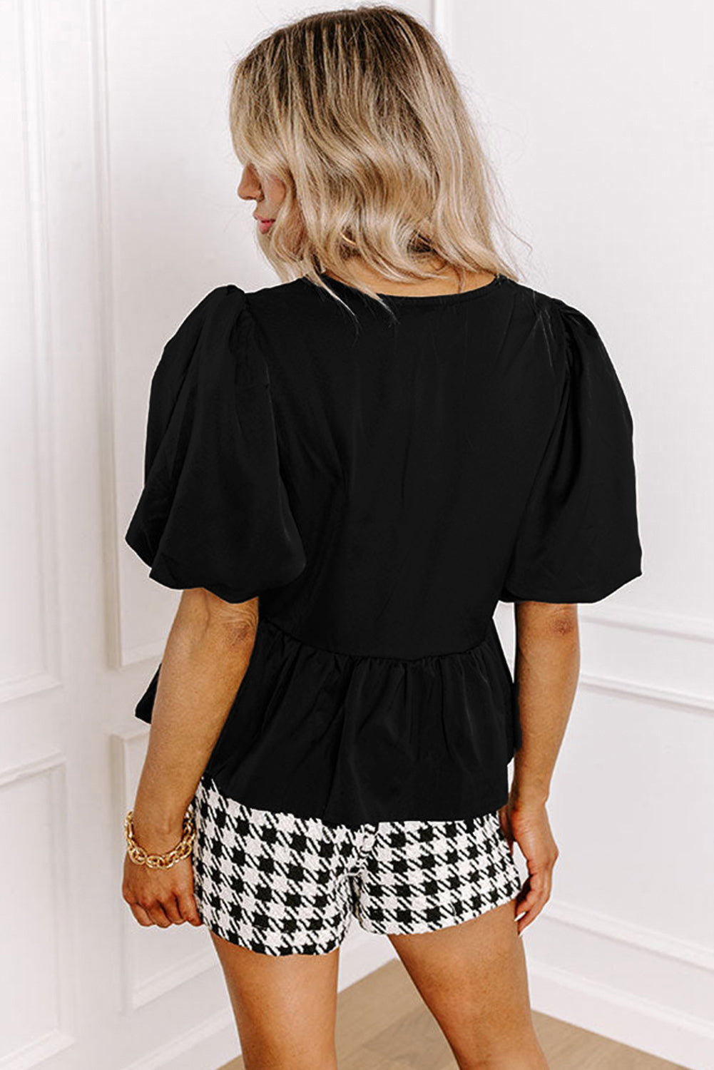 Puff Sleeve Bowknot Front Peplum Blouse